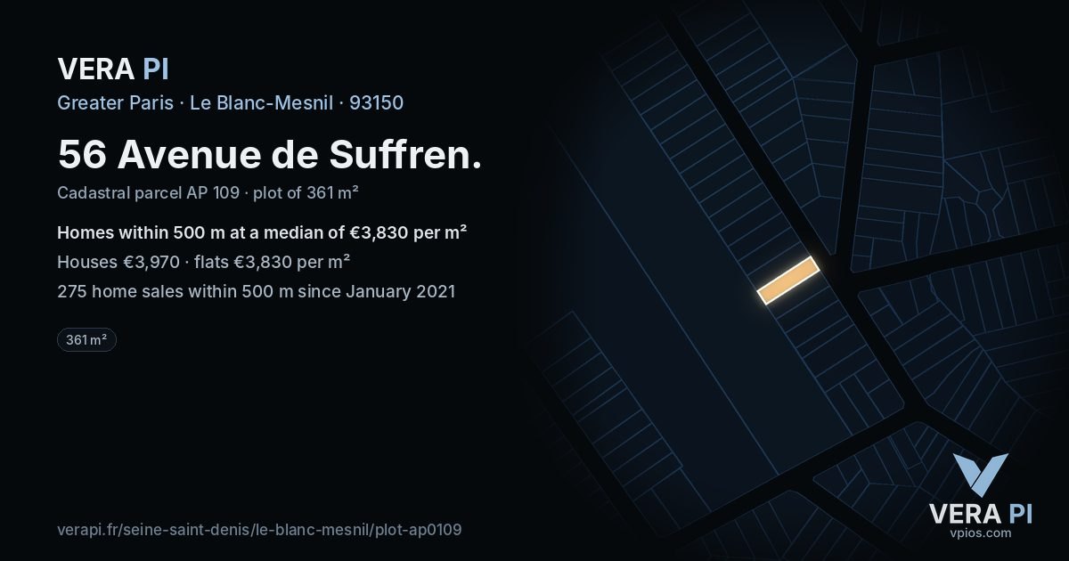 56 Avenue de Suffren, Le Blanc-Mesnil at night – the plot lit, the parcels around coloured by the prices near them