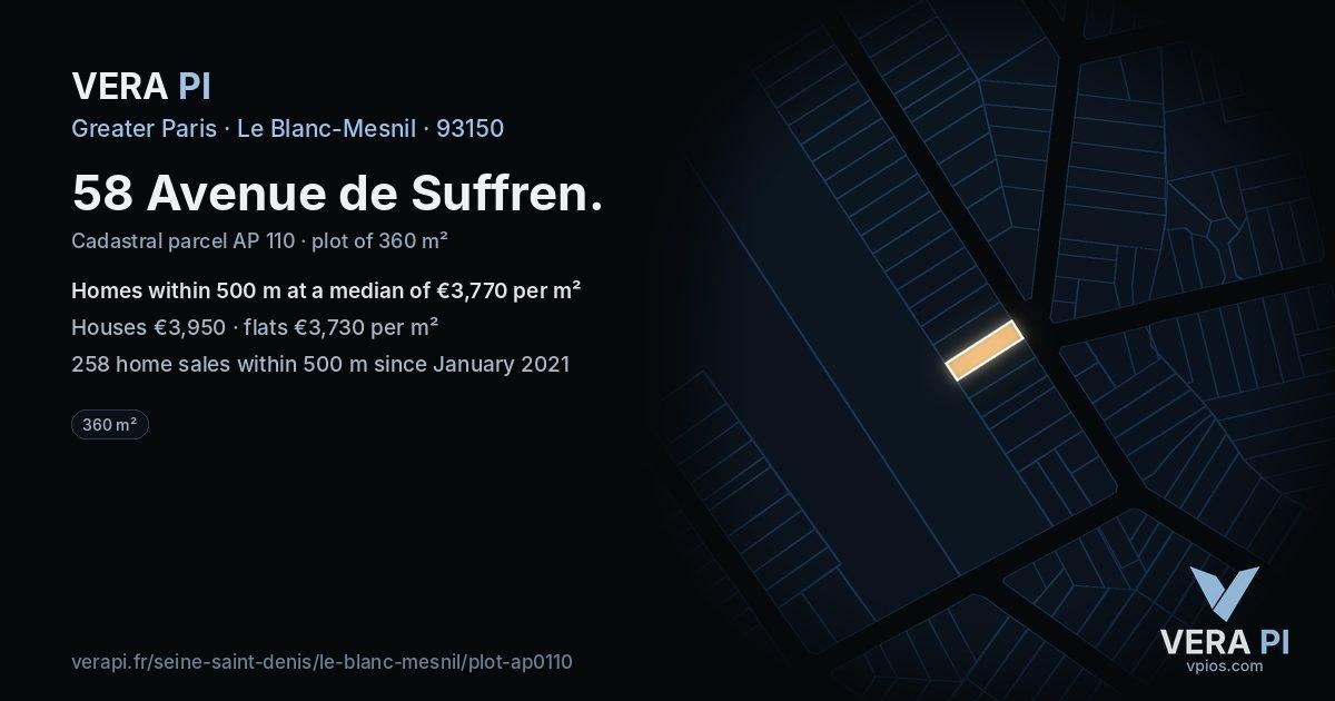 58 Avenue de Suffren, Le Blanc-Mesnil at night – the plot lit, the parcels around coloured by the prices near them