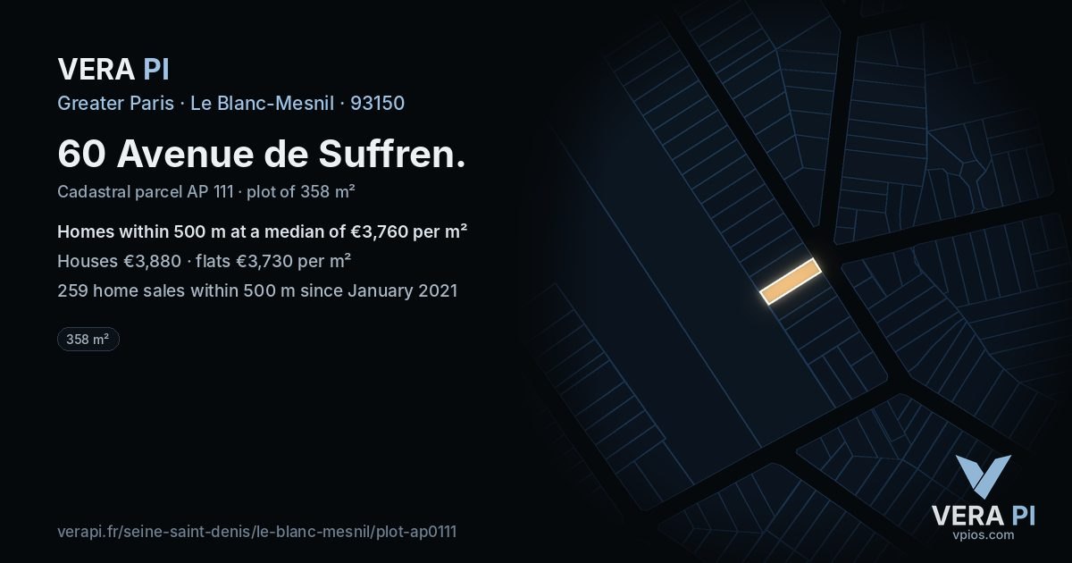 60 Avenue de Suffren, Le Blanc-Mesnil at night – the plot lit, the parcels around coloured by the prices near them