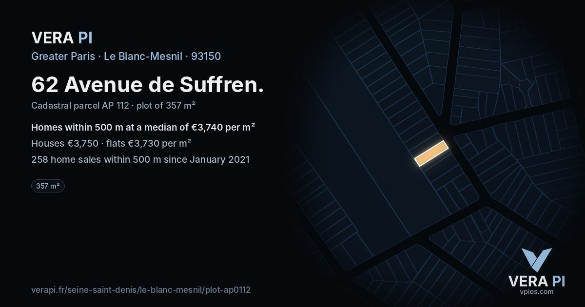62 Avenue de Suffren, Le Blanc-Mesnil at night – the plot lit, the parcels around coloured by the prices near them