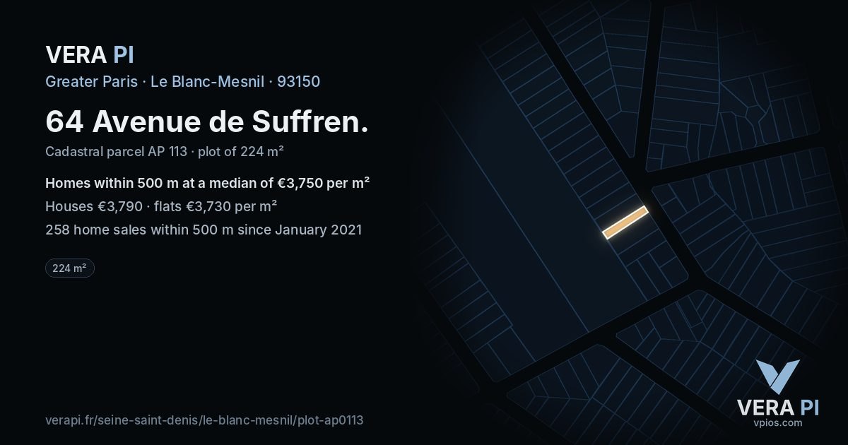 64 Avenue de Suffren, Le Blanc-Mesnil at night – the plot lit, the parcels around coloured by the prices near them
