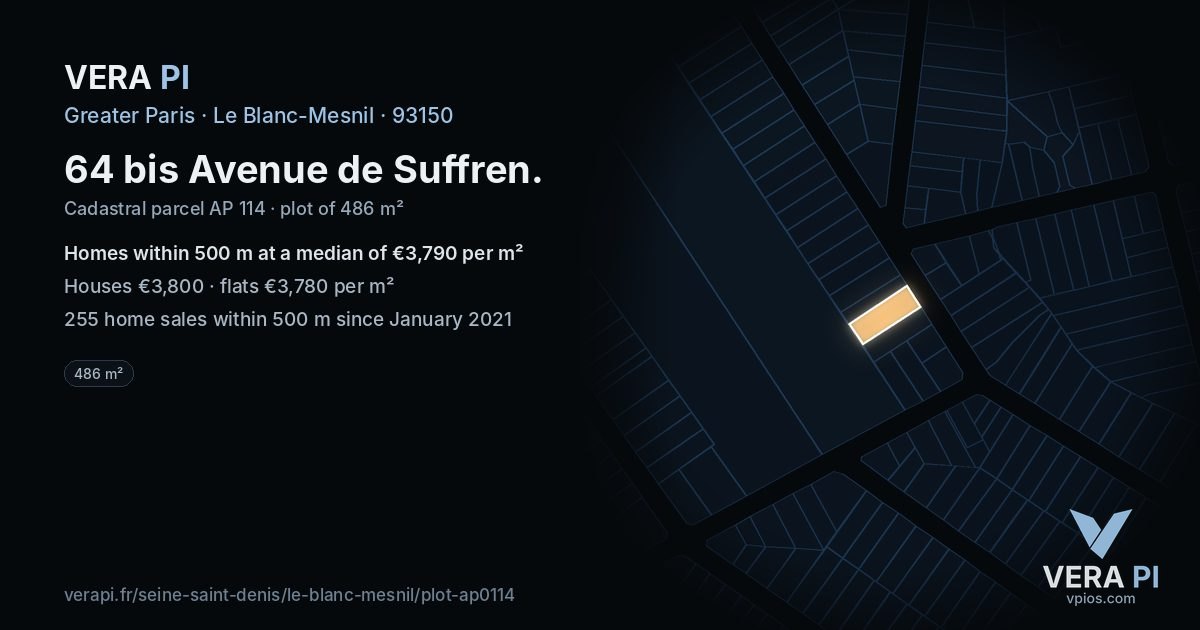 64 bis Avenue de Suffren, Le Blanc-Mesnil at night – the plot lit, the parcels around coloured by the prices near them