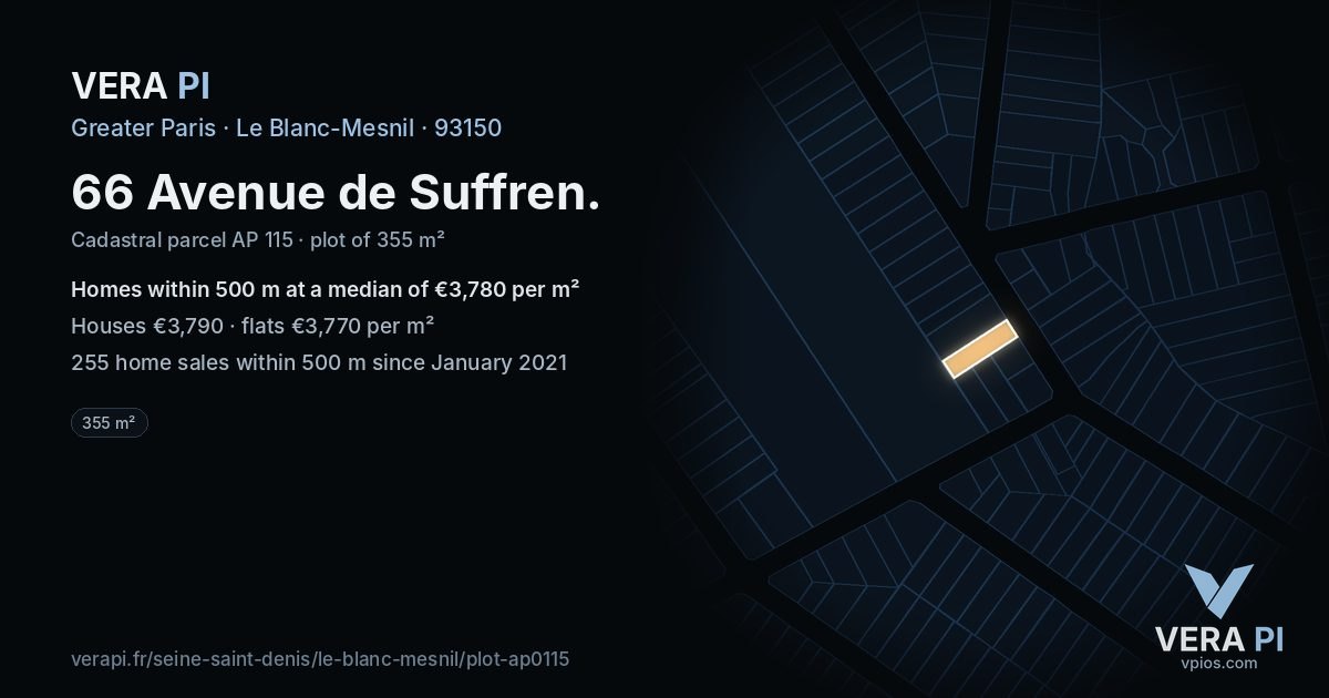 66 Avenue de Suffren, Le Blanc-Mesnil at night – the plot lit, the parcels around coloured by the prices near them