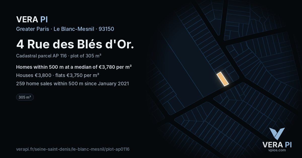 4 Rue des Blés d'Or, Le Blanc-Mesnil at night – the plot lit, the parcels around coloured by the prices near them