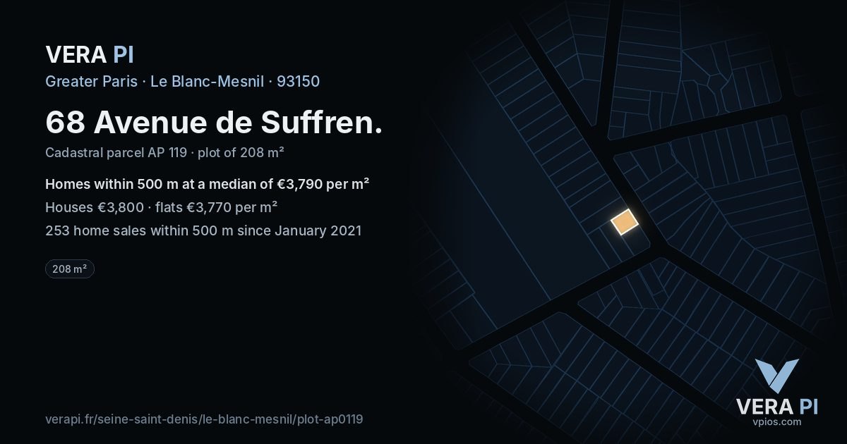 68 Avenue de Suffren, Le Blanc-Mesnil at night – the plot lit, the parcels around coloured by the prices near them