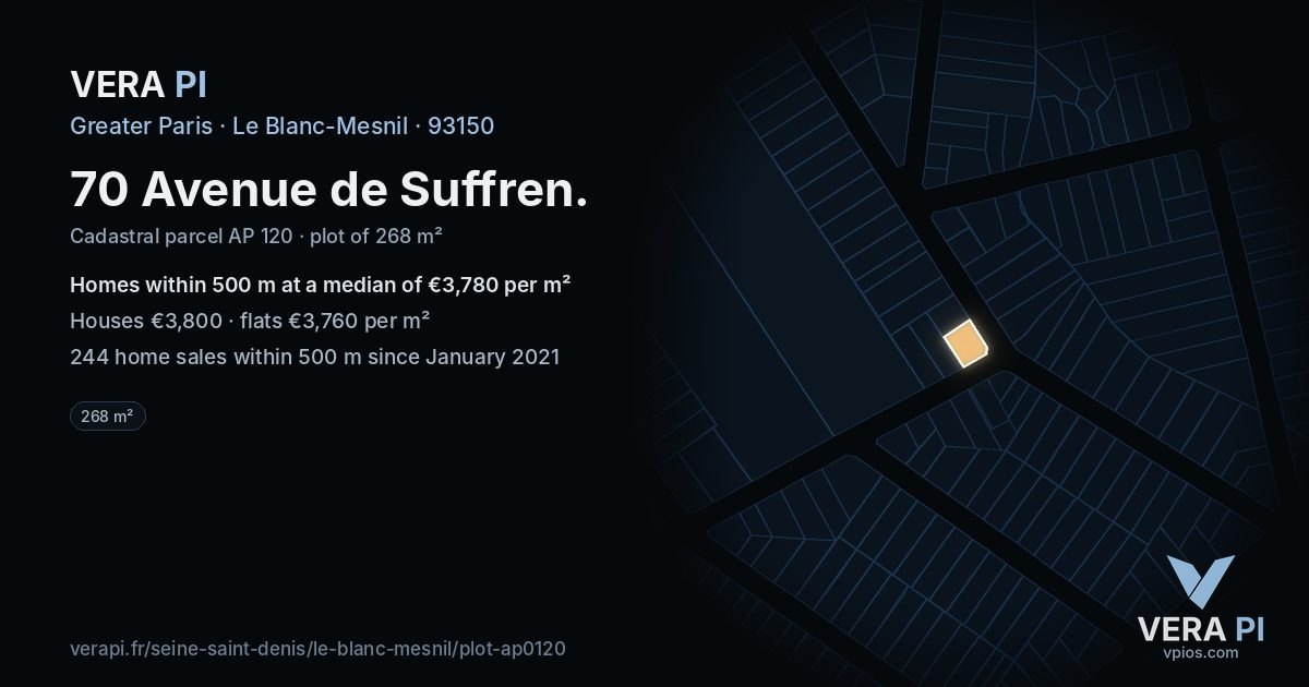 70 Avenue de Suffren, Le Blanc-Mesnil at night – the plot lit, the parcels around coloured by the prices near them