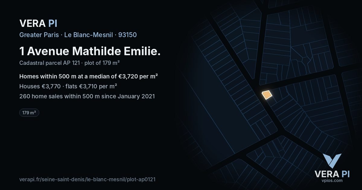 1 Avenue Mathilde Emilie, Le Blanc-Mesnil at night – the plot lit, the parcels around coloured by the prices near them