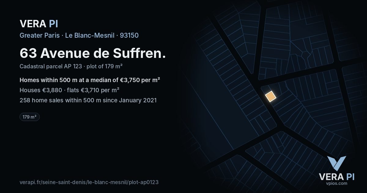 63 Avenue de Suffren, Le Blanc-Mesnil at night – the plot lit, the parcels around coloured by the prices near them