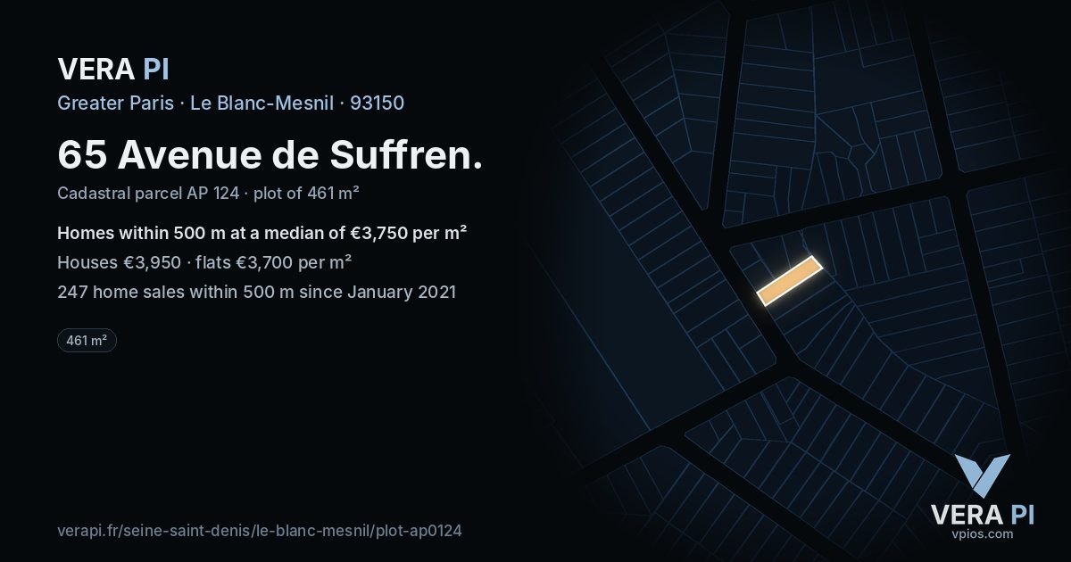 65 Avenue de Suffren, Le Blanc-Mesnil at night – the plot lit, the parcels around coloured by the prices near them