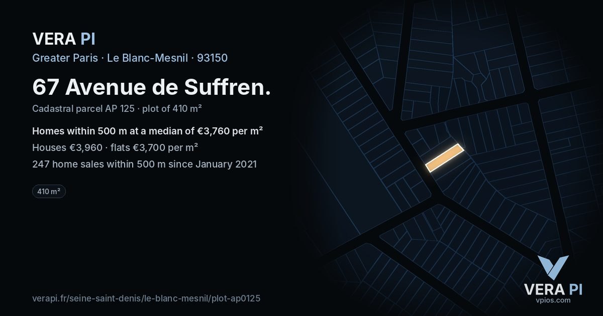 67 Avenue de Suffren, Le Blanc-Mesnil at night – the plot lit, the parcels around coloured by the prices near them