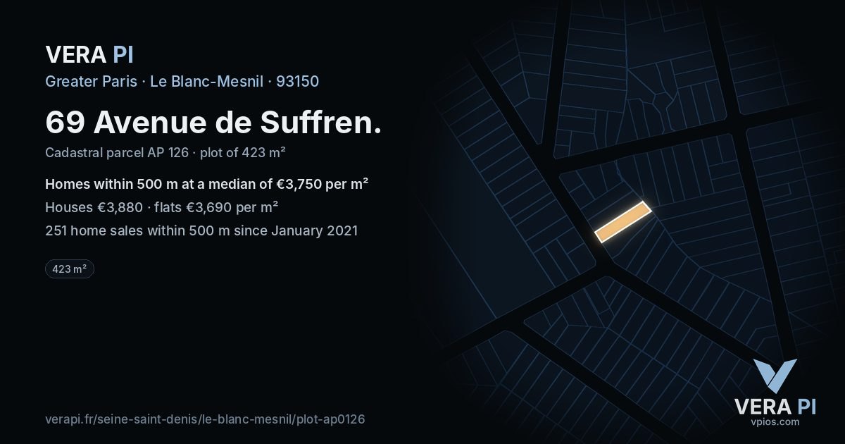 69 Avenue de Suffren, Le Blanc-Mesnil at night – the plot lit, the parcels around coloured by the prices near them
