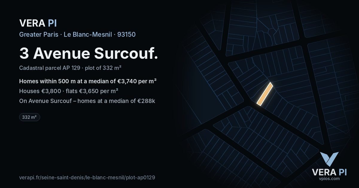 3 Avenue Surcouf, Le Blanc-Mesnil at night – the plot lit, the parcels around coloured by the prices near them