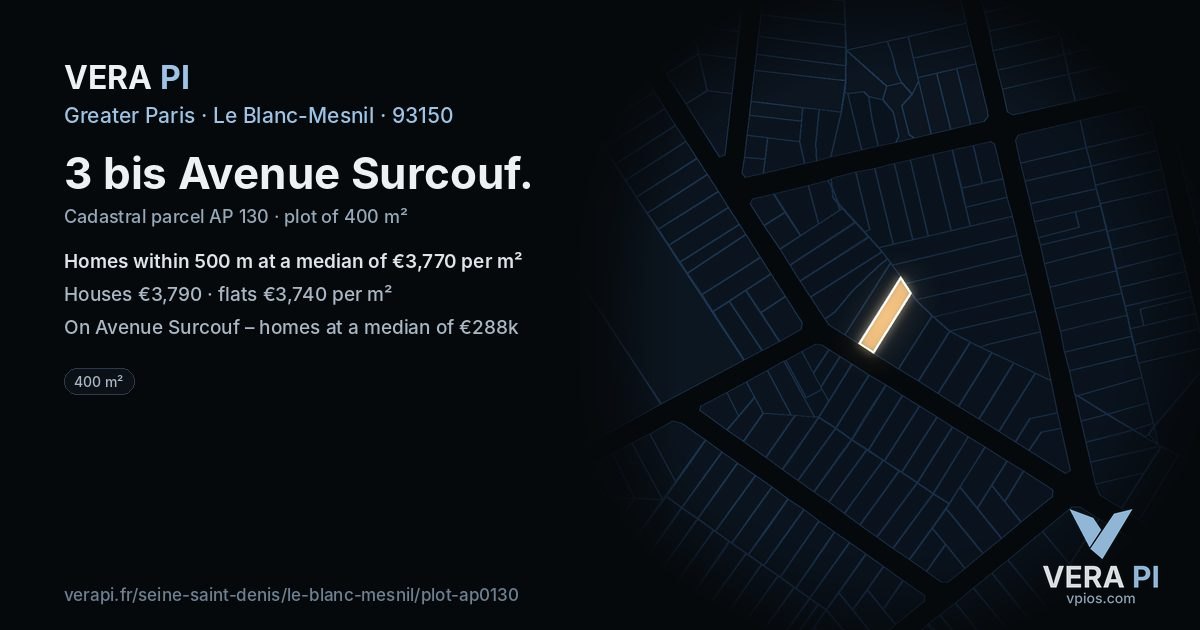 3 bis Avenue Surcouf, Le Blanc-Mesnil at night – the plot lit, the parcels around coloured by the prices near them