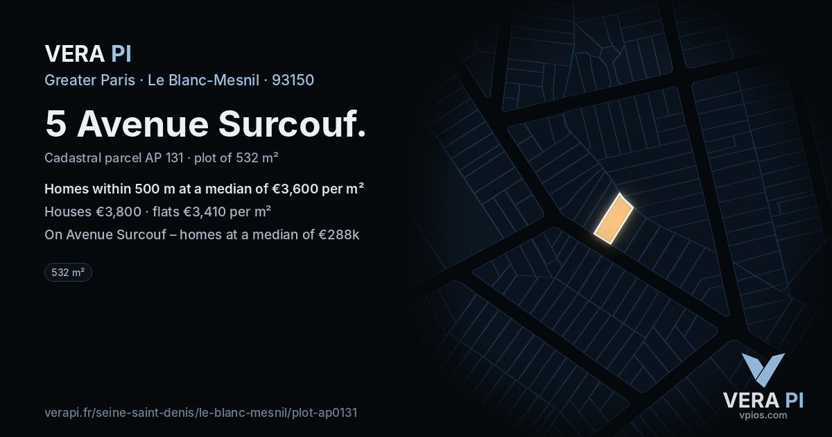 5 Avenue Surcouf, Le Blanc-Mesnil at night – the plot lit, the parcels around coloured by the prices near them