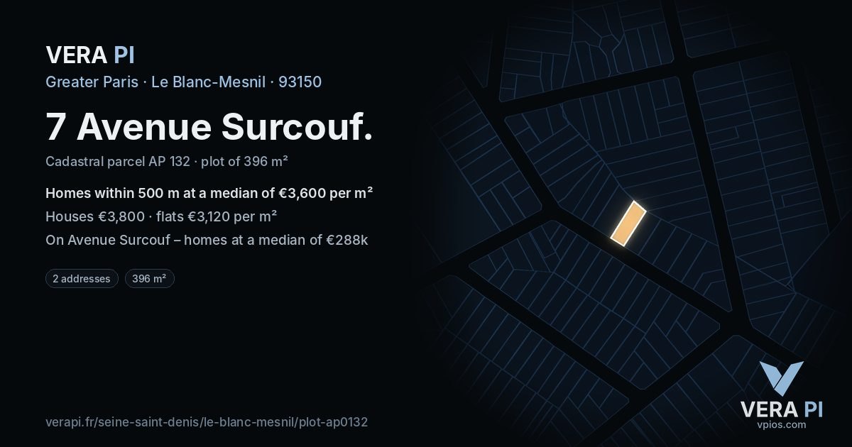 7 Avenue Surcouf, Le Blanc-Mesnil at night – the plot lit, the parcels around coloured by the prices near them