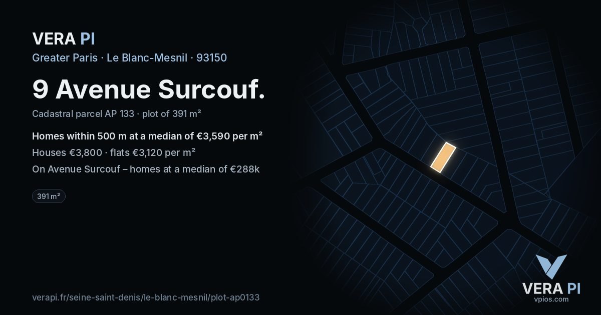 9 Avenue Surcouf, Le Blanc-Mesnil at night – the plot lit, the parcels around coloured by the prices near them