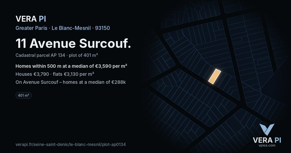 11 Avenue Surcouf, Le Blanc-Mesnil at night – the plot lit, the parcels around coloured by the prices near them