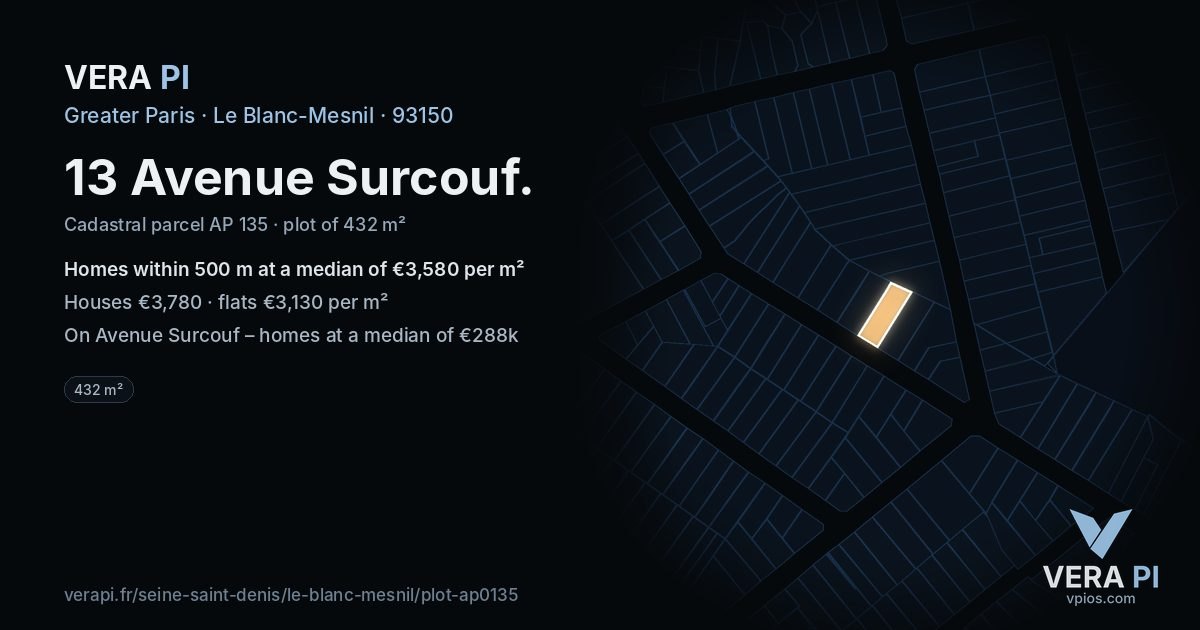 13 Avenue Surcouf, Le Blanc-Mesnil at night – the plot lit, the parcels around coloured by the prices near them