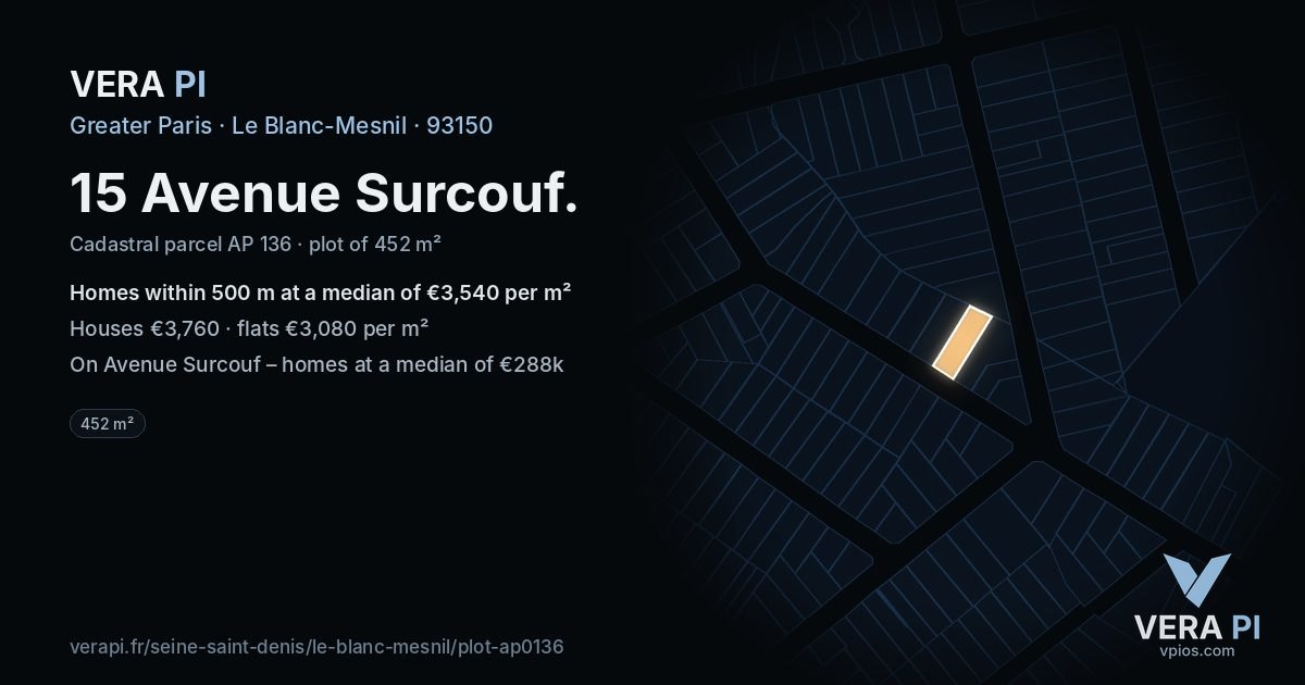 15 Avenue Surcouf, Le Blanc-Mesnil at night – the plot lit, the parcels around coloured by the prices near them