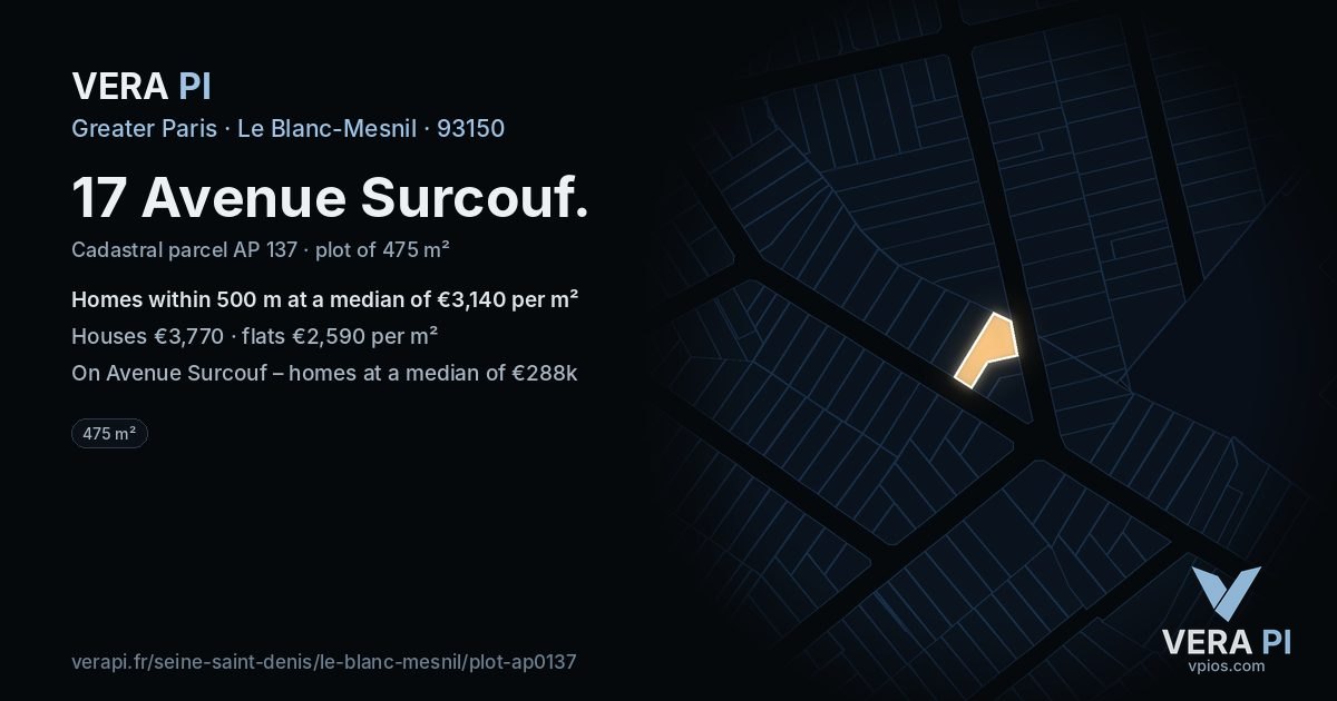 17 Avenue Surcouf, Le Blanc-Mesnil at night – the plot lit, the parcels around coloured by the prices near them