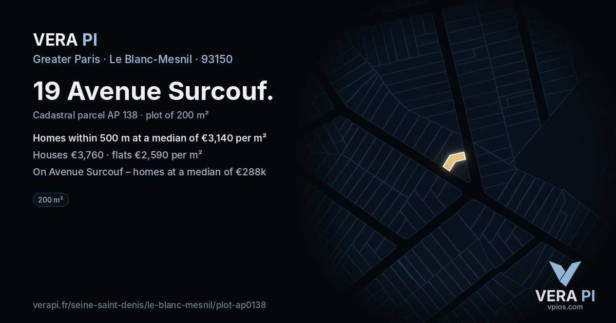 19 Avenue Surcouf, Le Blanc-Mesnil at night – the plot lit, the parcels around coloured by the prices near them