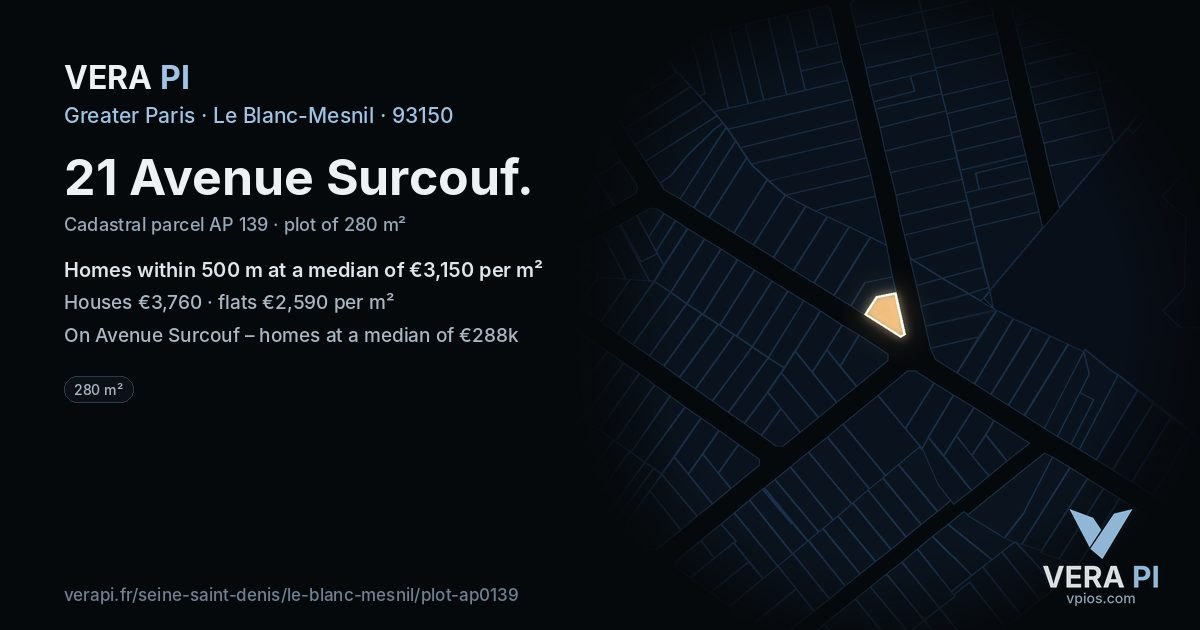 21 Avenue Surcouf, Le Blanc-Mesnil at night – the plot lit, the parcels around coloured by the prices near them