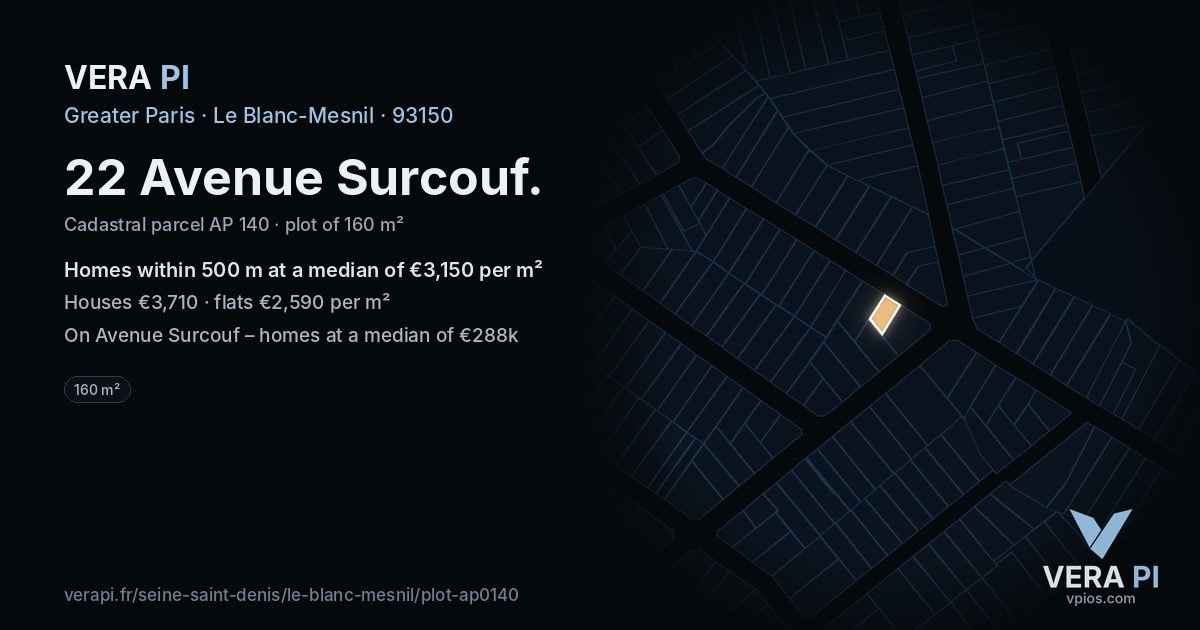 22 Avenue Surcouf, Le Blanc-Mesnil at night – the plot lit, the parcels around coloured by the prices near them