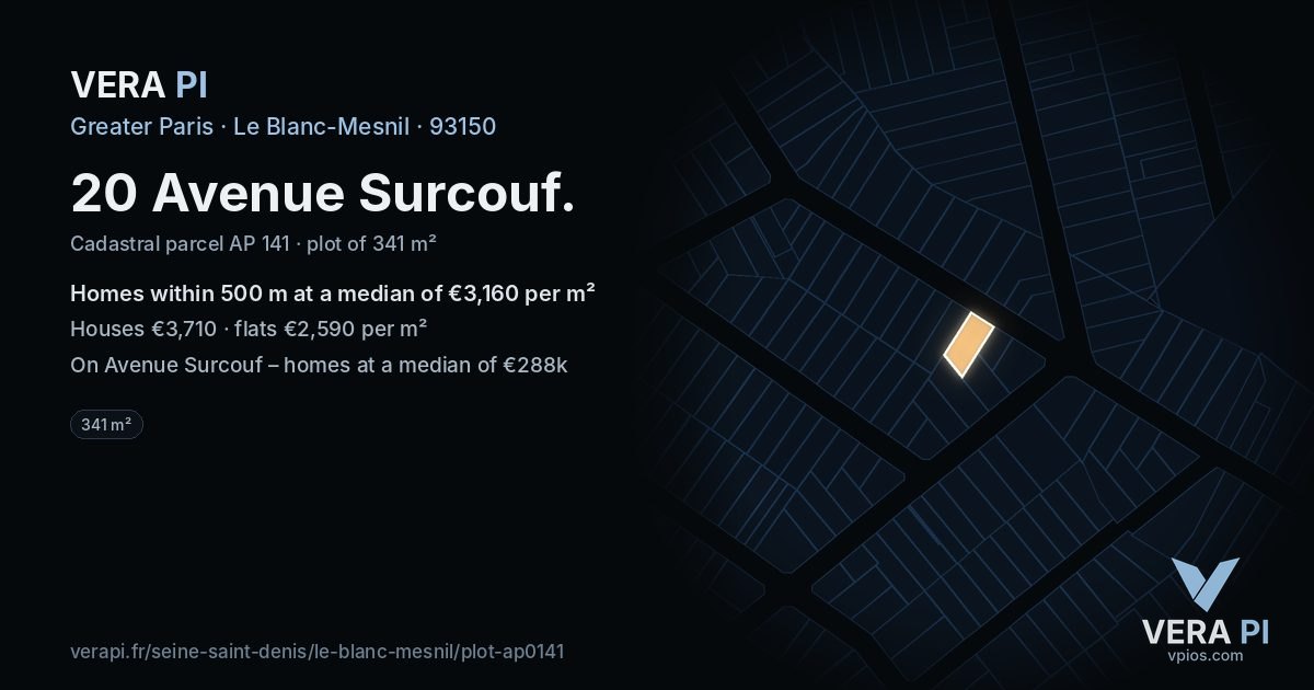 20 Avenue Surcouf, Le Blanc-Mesnil at night – the plot lit, the parcels around coloured by the prices near them