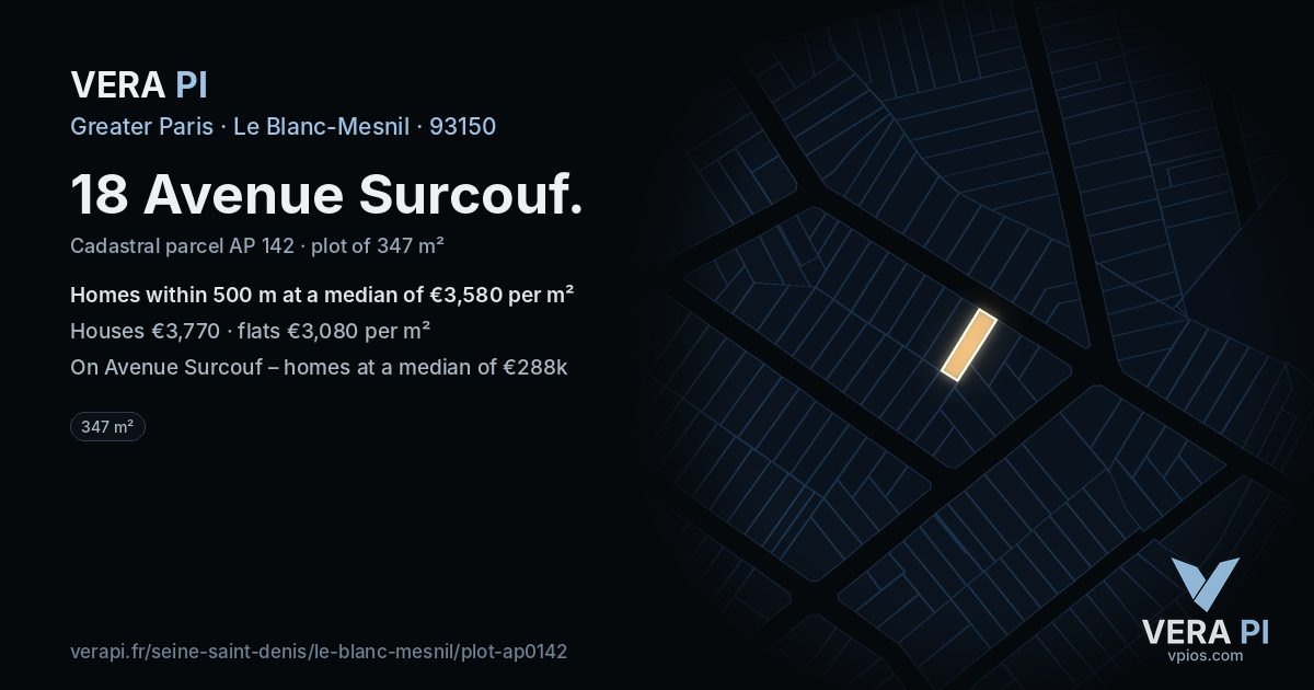 18 Avenue Surcouf, Le Blanc-Mesnil at night – the plot lit, the parcels around coloured by the prices near them