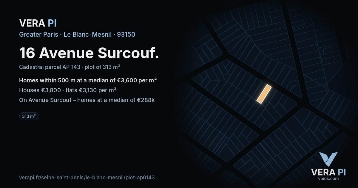 16 Avenue Surcouf, Le Blanc-Mesnil at night – the plot lit, the parcels around coloured by the prices near them