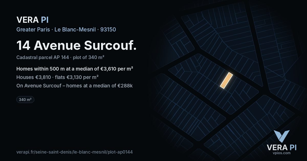 14 Avenue Surcouf, Le Blanc-Mesnil at night – the plot lit, the parcels around coloured by the prices near them