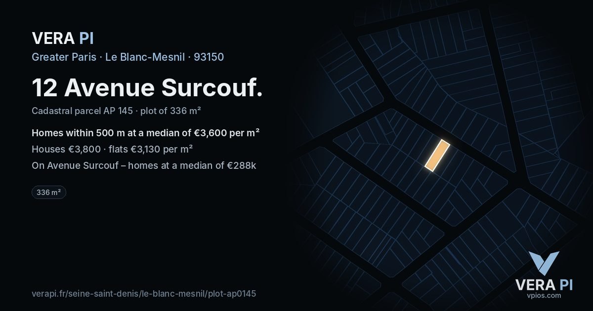12 Avenue Surcouf, Le Blanc-Mesnil at night – the plot lit, the parcels around coloured by the prices near them