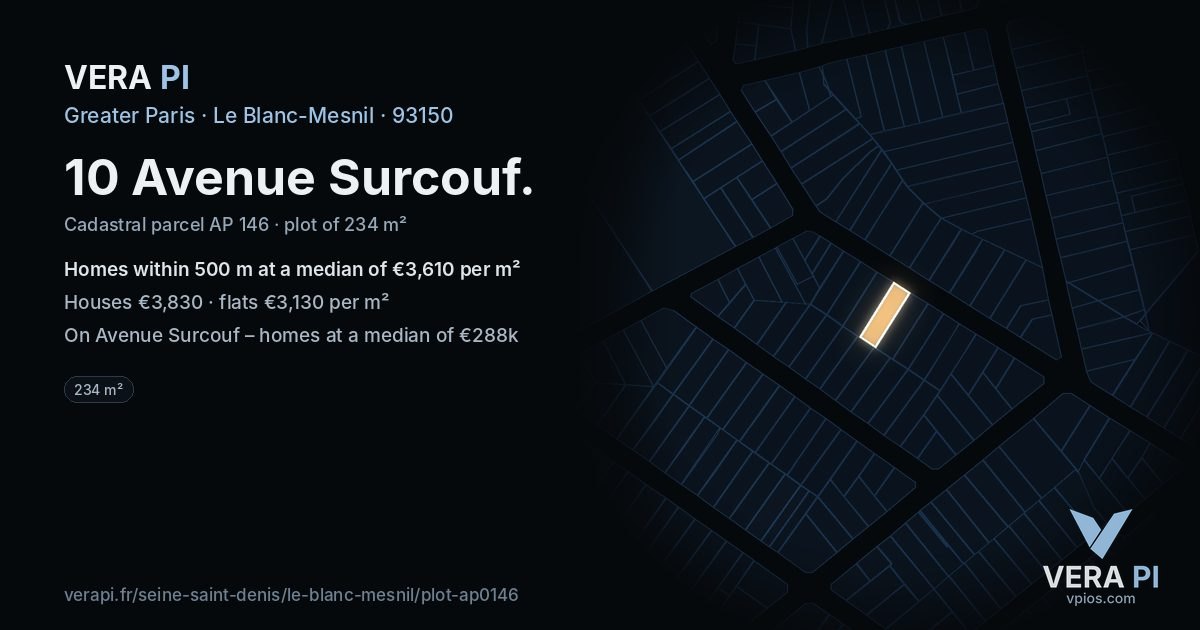 10 Avenue Surcouf, Le Blanc-Mesnil at night – the plot lit, the parcels around coloured by the prices near them
