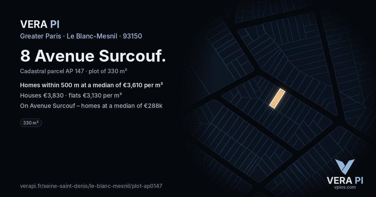 8 Avenue Surcouf, Le Blanc-Mesnil at night – the plot lit, the parcels around coloured by the prices near them