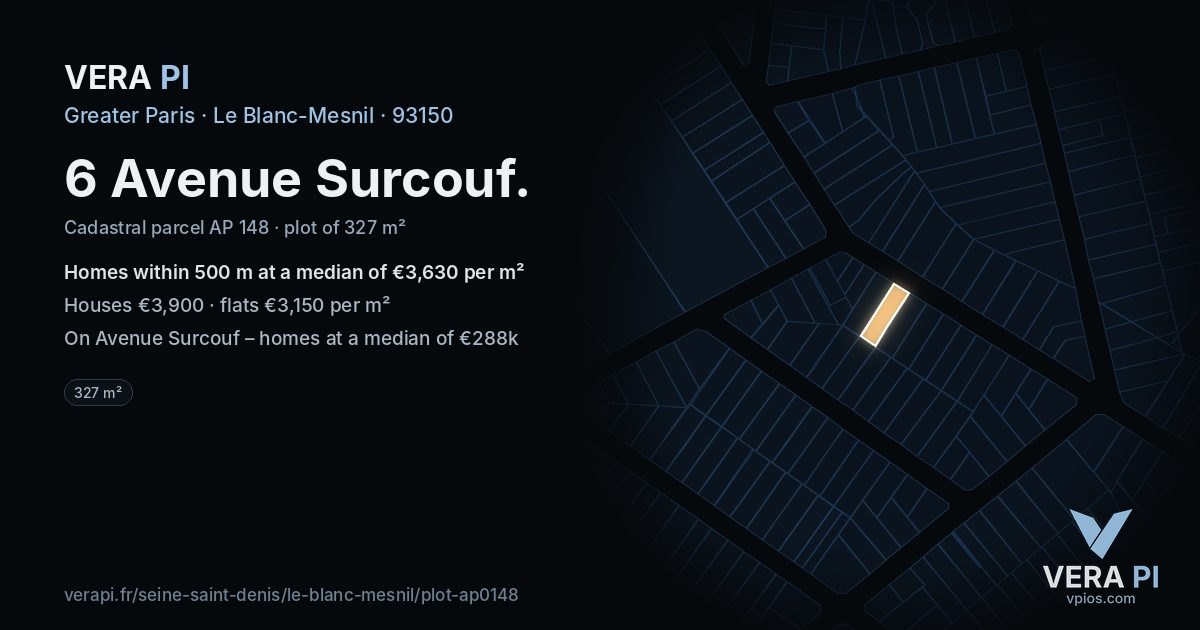 6 Avenue Surcouf, Le Blanc-Mesnil at night – the plot lit, the parcels around coloured by the prices near them
