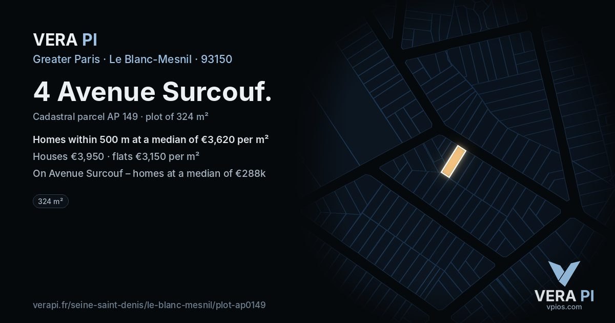 4 Avenue Surcouf, Le Blanc-Mesnil at night – the plot lit, the parcels around coloured by the prices near them