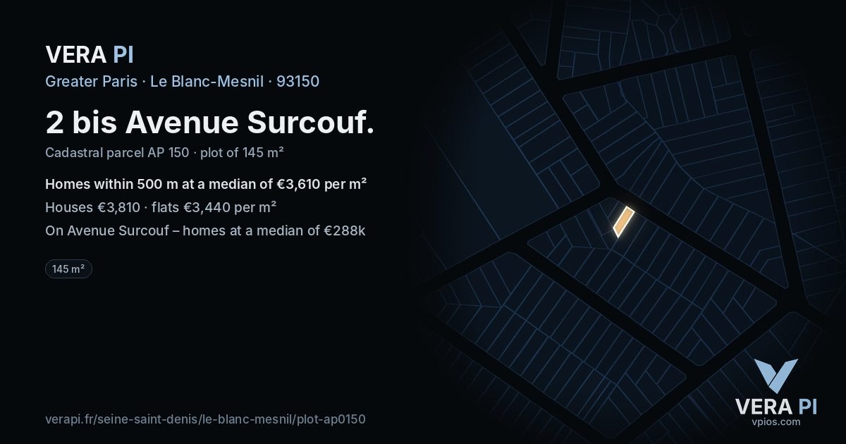 2 bis Avenue Surcouf, Le Blanc-Mesnil at night – the plot lit, the parcels around coloured by the prices near them