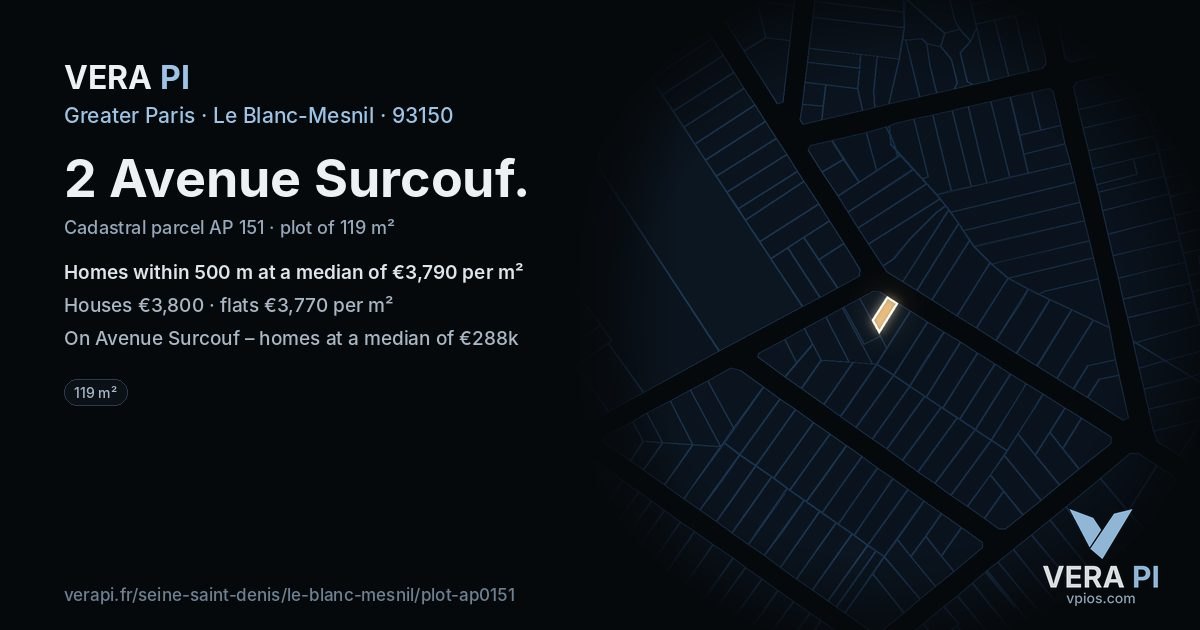 2 Avenue Surcouf, Le Blanc-Mesnil at night – the plot lit, the parcels around coloured by the prices near them