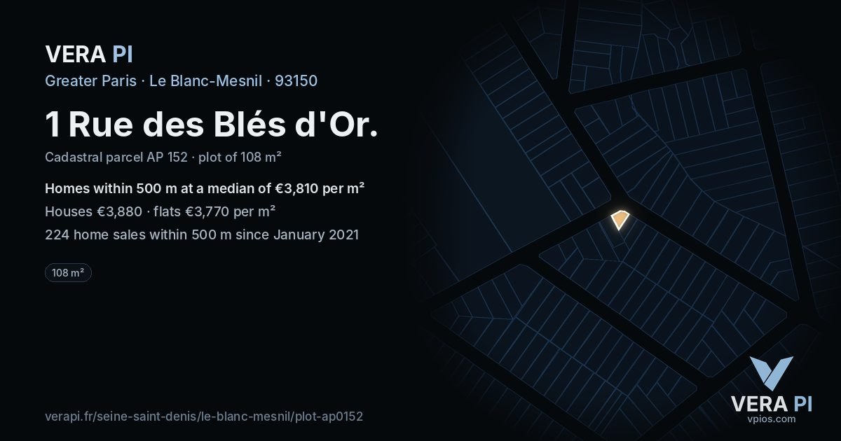 1 Rue des Blés d'Or, Le Blanc-Mesnil at night – the plot lit, the parcels around coloured by the prices near them