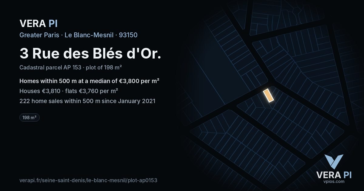 3 Rue des Blés d'Or, Le Blanc-Mesnil at night – the plot lit, the parcels around coloured by the prices near them