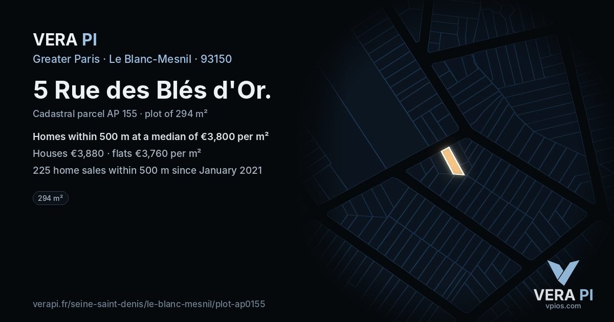 5 Rue des Blés d'Or, Le Blanc-Mesnil at night – the plot lit, the parcels around coloured by the prices near them