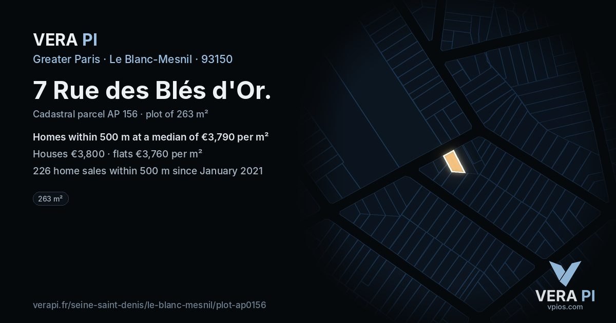 7 Rue des Blés d'Or, Le Blanc-Mesnil at night – the plot lit, the parcels around coloured by the prices near them