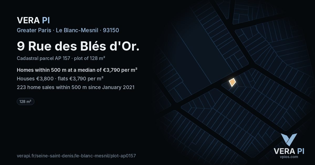 9 Rue des Blés d'Or, Le Blanc-Mesnil at night – the plot lit, the parcels around coloured by the prices near them