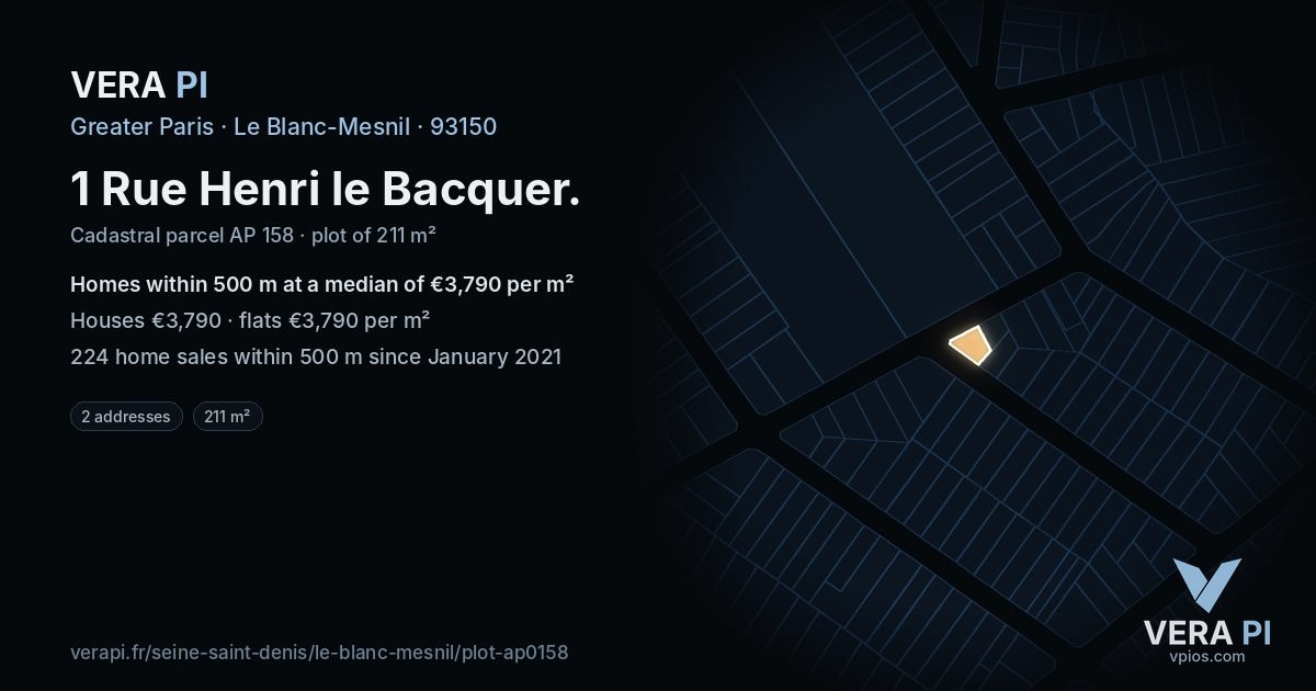 1 Rue Henri le Bacquer, Le Blanc-Mesnil at night – the plot lit, the parcels around coloured by the prices near them