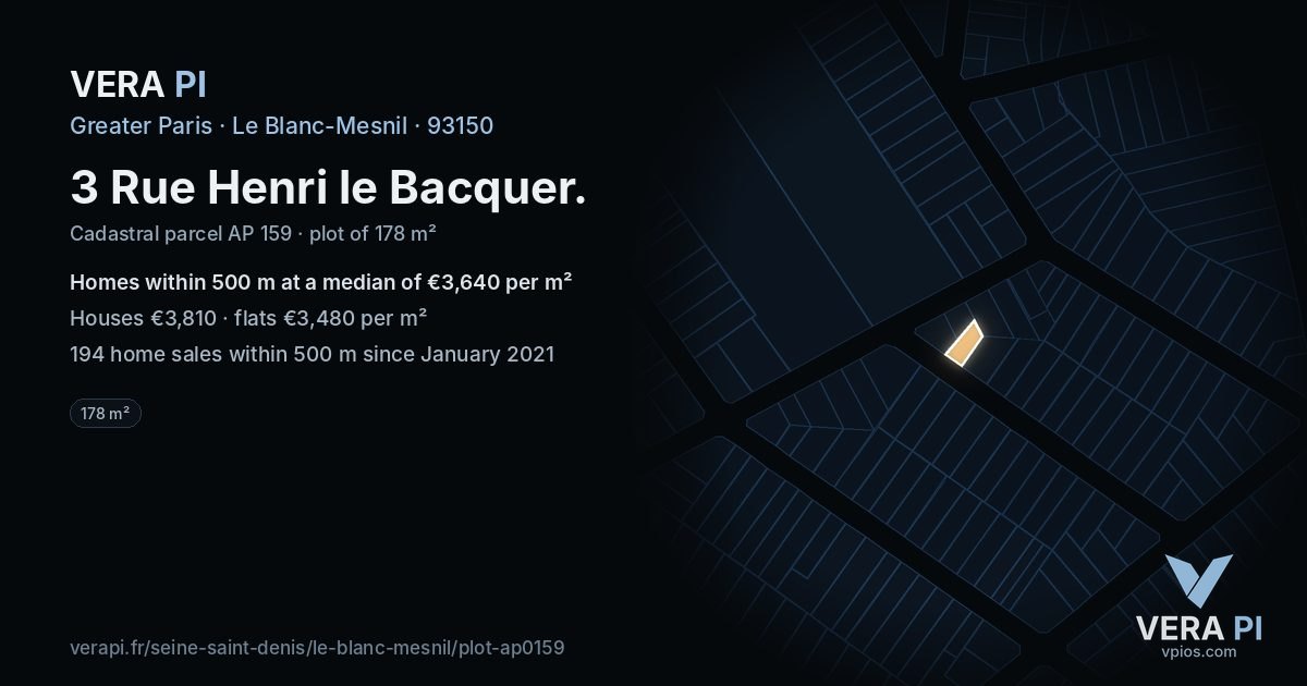 3 Rue Henri le Bacquer, Le Blanc-Mesnil at night – the plot lit, the parcels around coloured by the prices near them