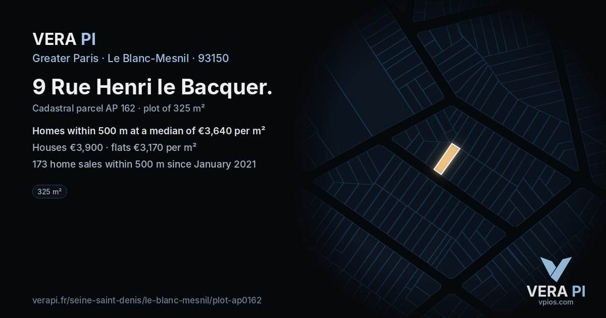 9 Rue Henri le Bacquer, Le Blanc-Mesnil at night – the plot lit, the parcels around coloured by the prices near them