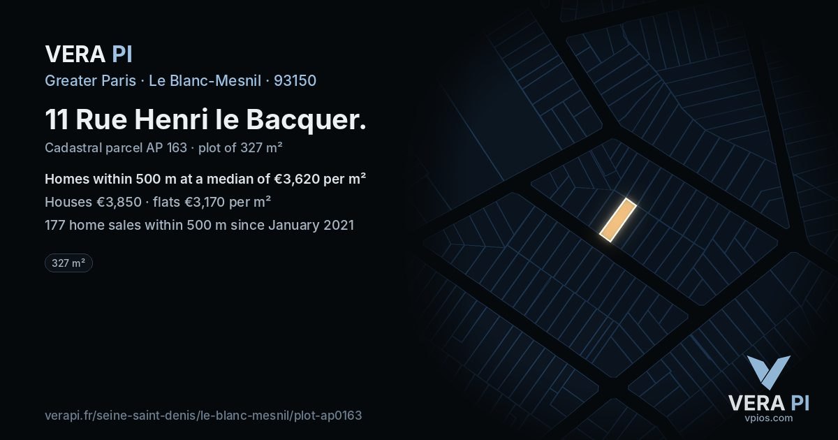 11 Rue Henri le Bacquer, Le Blanc-Mesnil at night – the plot lit, the parcels around coloured by the prices near them