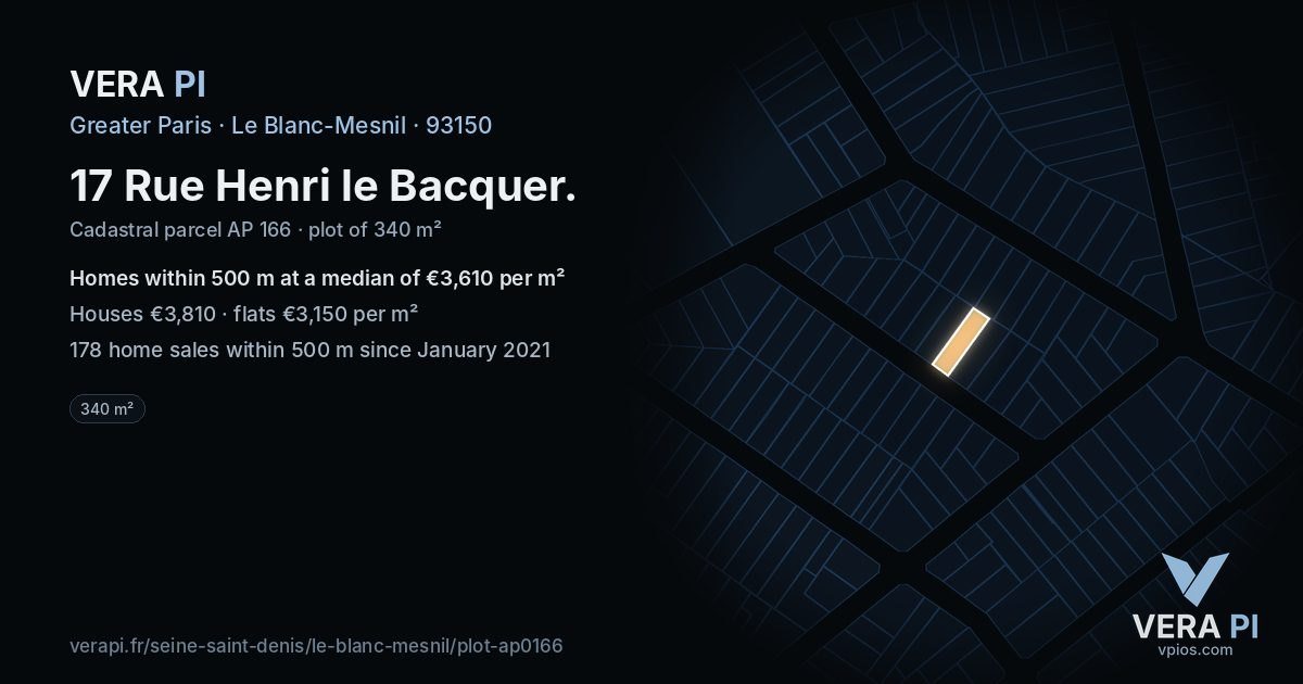 17 Rue Henri le Bacquer, Le Blanc-Mesnil at night – the plot lit, the parcels around coloured by the prices near them