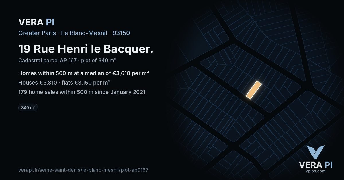 19 Rue Henri le Bacquer, Le Blanc-Mesnil at night – the plot lit, the parcels around coloured by the prices near them