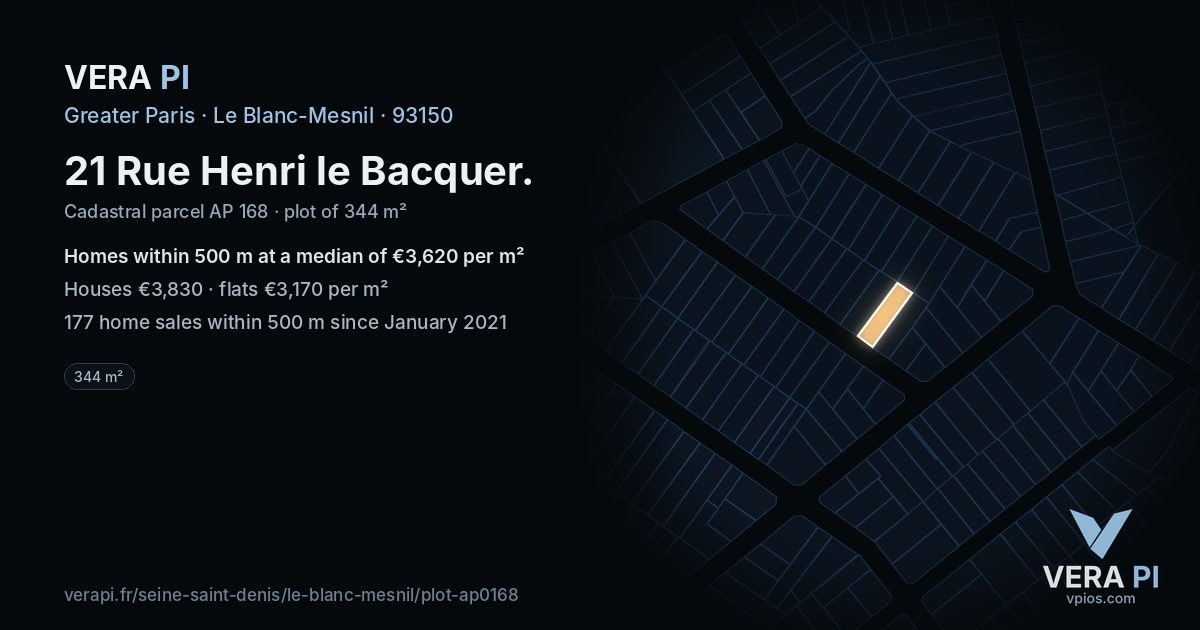 21 Rue Henri le Bacquer, Le Blanc-Mesnil at night – the plot lit, the parcels around coloured by the prices near them